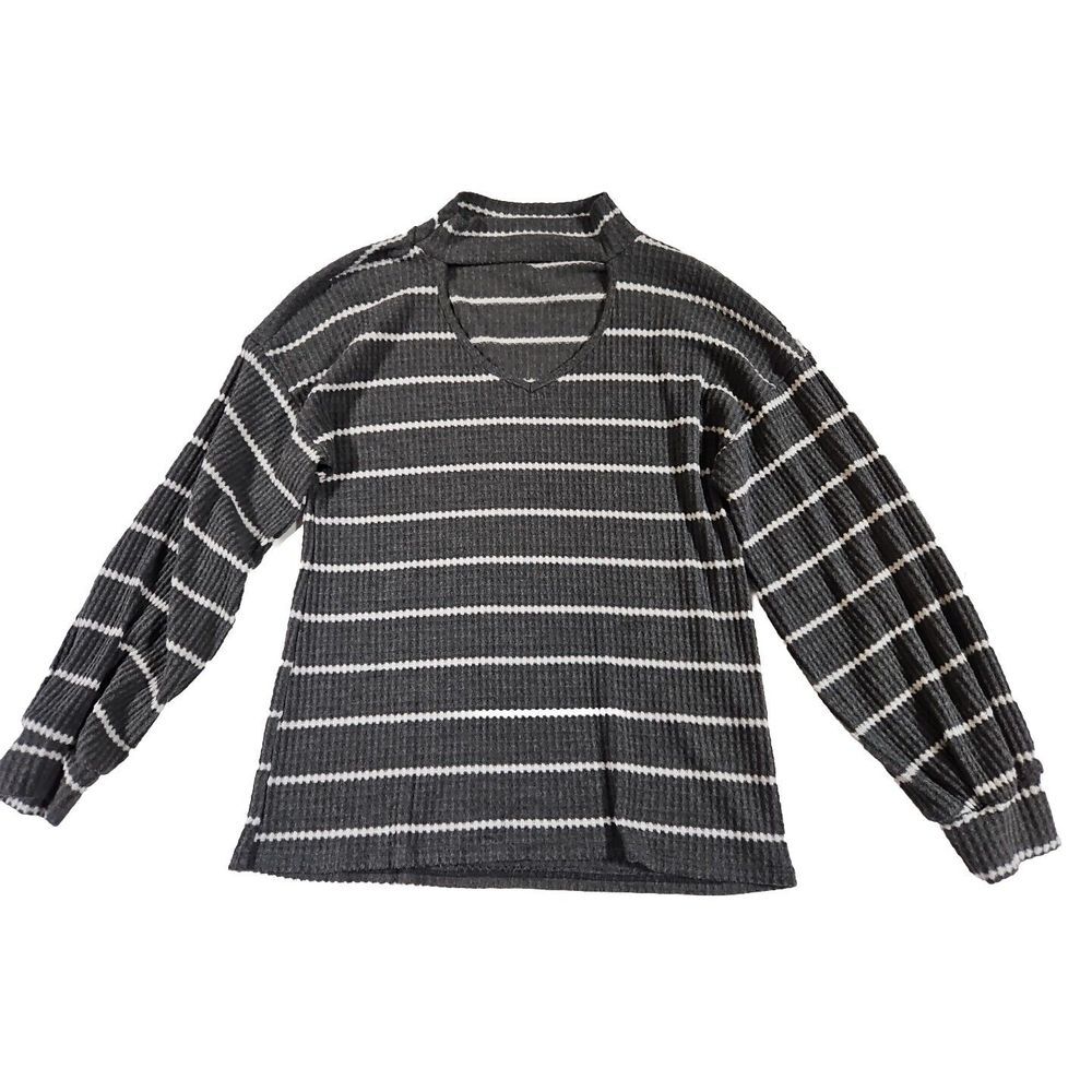 Bibi Gray And White‎ Striped V Neck Sweater Size Small Womens